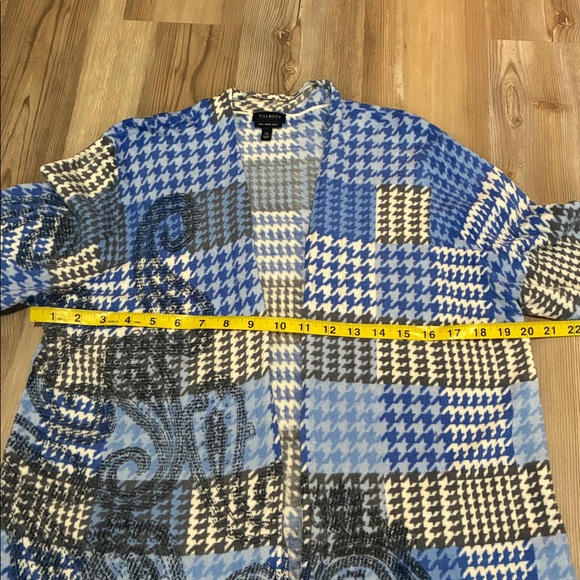 Talbots Merino Wool Open Front Cardigan Blue Gray Hounds Tooth Paisley Womens XL - Picture 4 of 9
